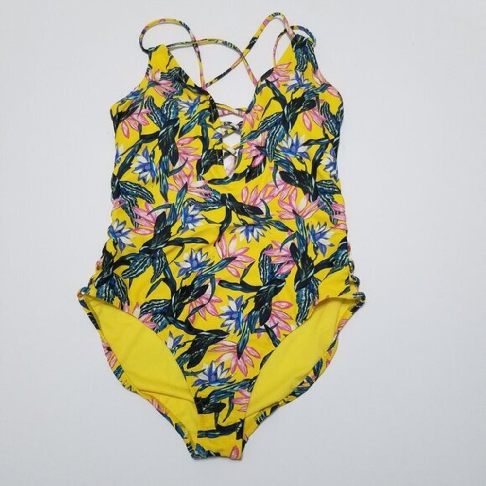 NWT‎ Jessica Simpson Lanakai Plunge Floral Padded One Piece Swimsuit Yellow XL